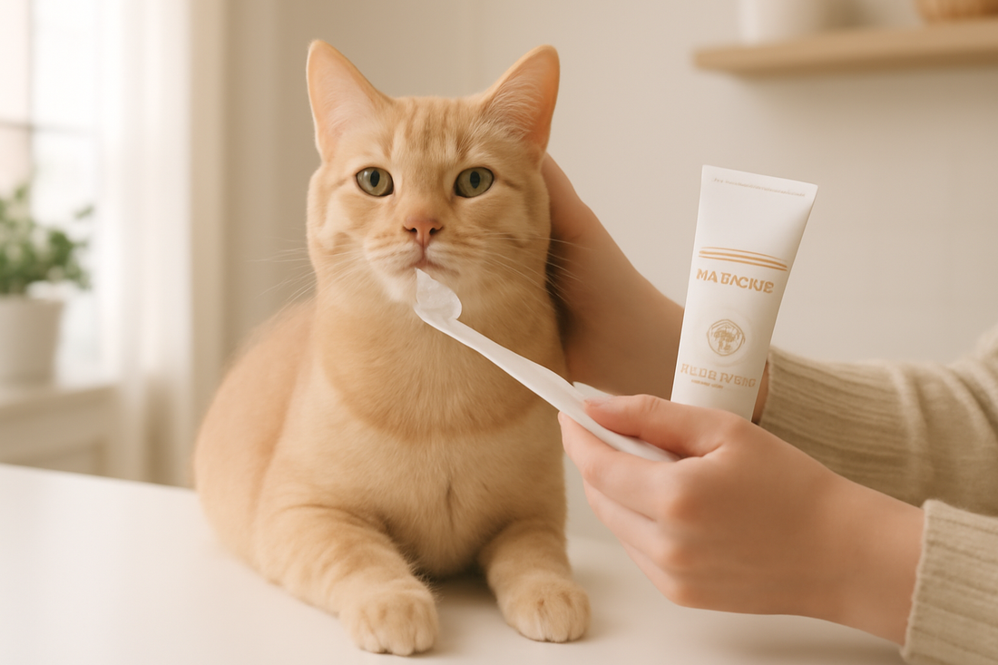 Propriétaire brossant doucement les dents de son chat avec une brosse à poils souples, illustrant une routine de soins dentaires à la maison avec Litière Pacha.