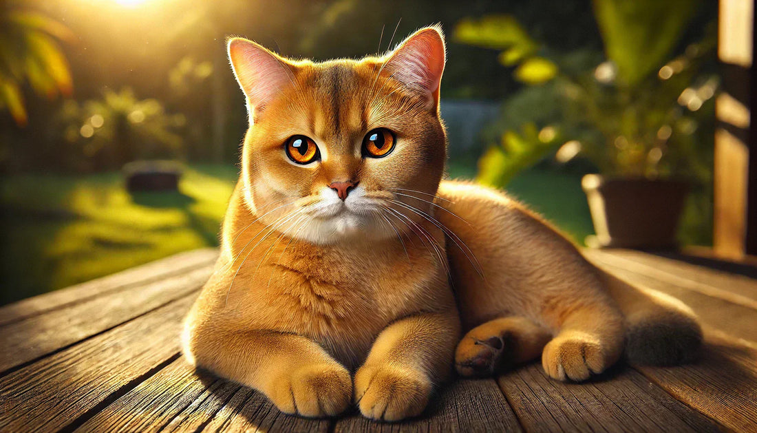 Un chat Brésilien à poil court, au pelage orange doré, repose sur une surface en bois sous une lumière chaude du soleil. Son regard attentif reflète une ambiance naturelle et paisible avec un fond de verdure. Litière Pacha.