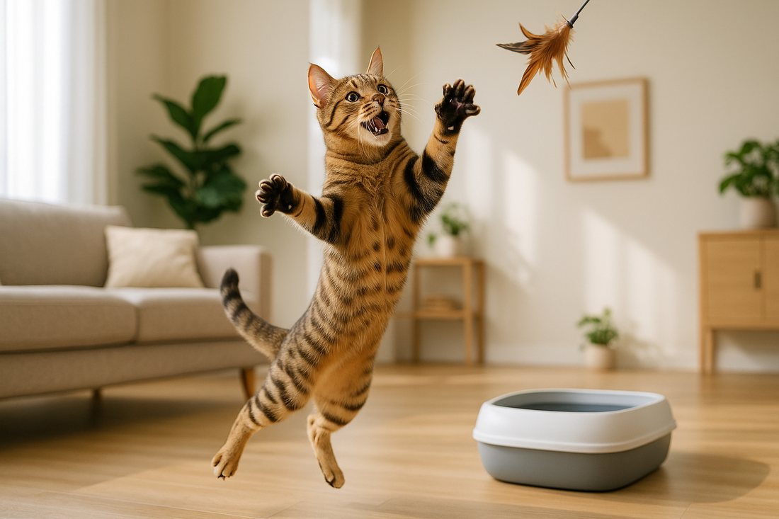 Chat domestique sautant pour attraper un jouet à plume dans un salon lumineux, symbole d’exercice et de vitalité avec Litière Pacha.
