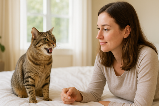 hat domestique miaulant sur un lit face à son propriétaire, illustrant la communication et l’attention du maître avec Litière Pacha.