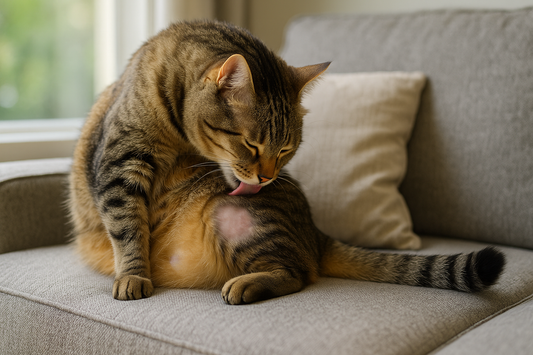 Chat domestique se léchant sur un canapé avec une petite zone sans poils, illustrant le surtoilettage et la vigilance du propriétaire avec Litière Pacha.