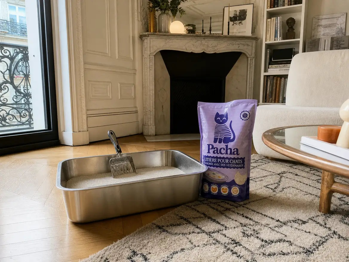 Bac à litière Pacha en inox posé dans un salon parisien lumineux à côté du sac Pacha — bac premium offert avec votre 1ère commande