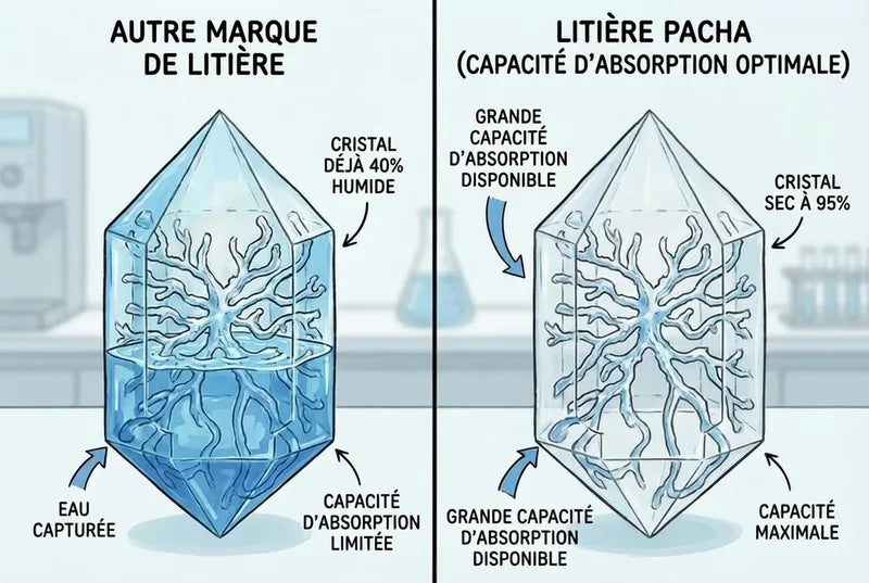 Comparaison microscopique entre une éponge mouillée d'argile agglomérante et les cristaux de gel de silice Pacha à micropores — bactéries vs surface sèche