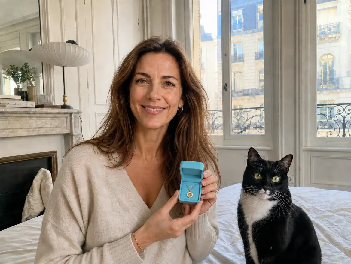 Femme brune souriante qui présente le collier Pacha doré gravé dans son écrin bleu, son chat noir et blanc assis à côté sur le lit, appartement haussmannien avec balcon parisien