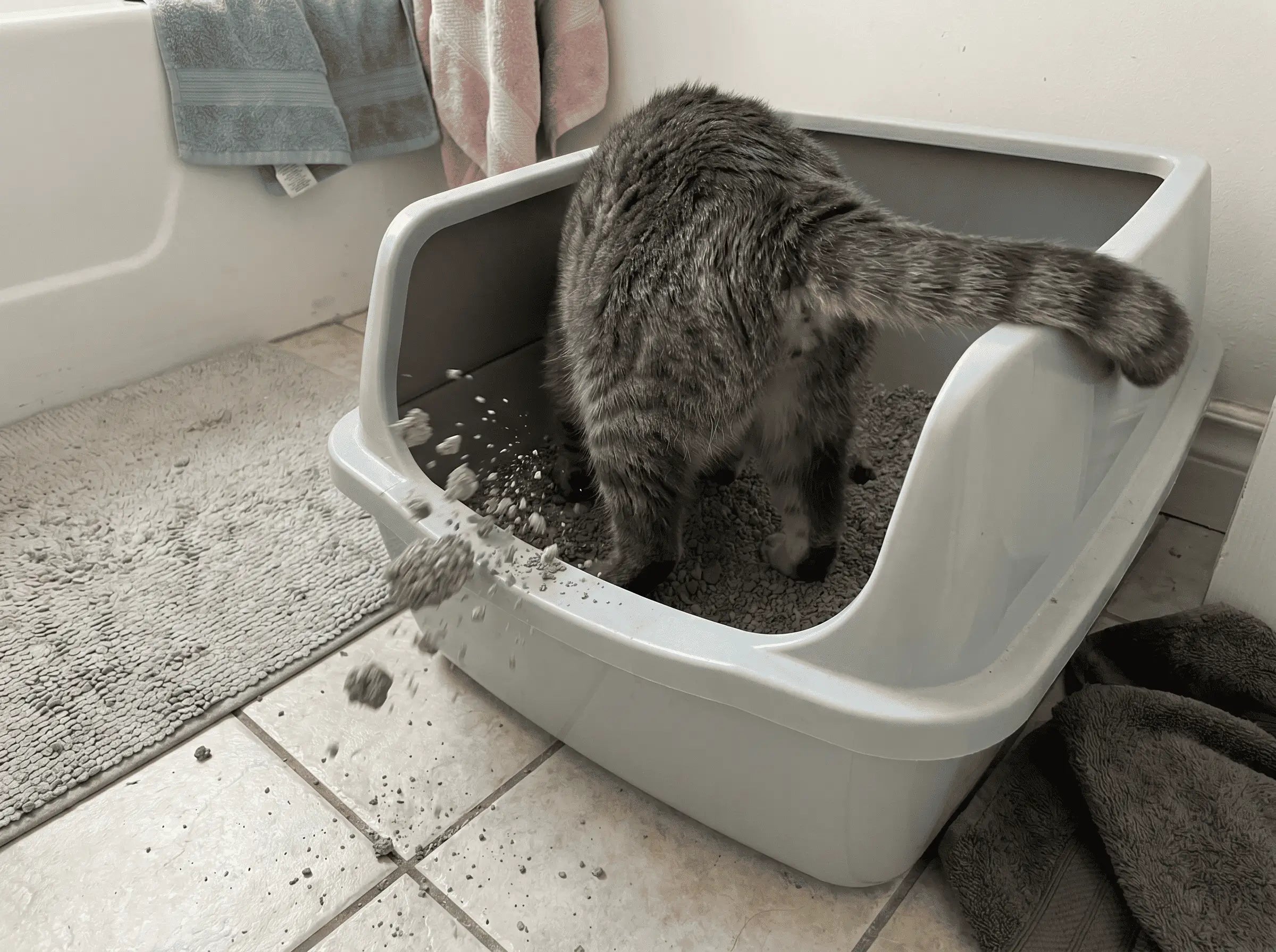 Chat la tête dans le bac à litière agglomérante
