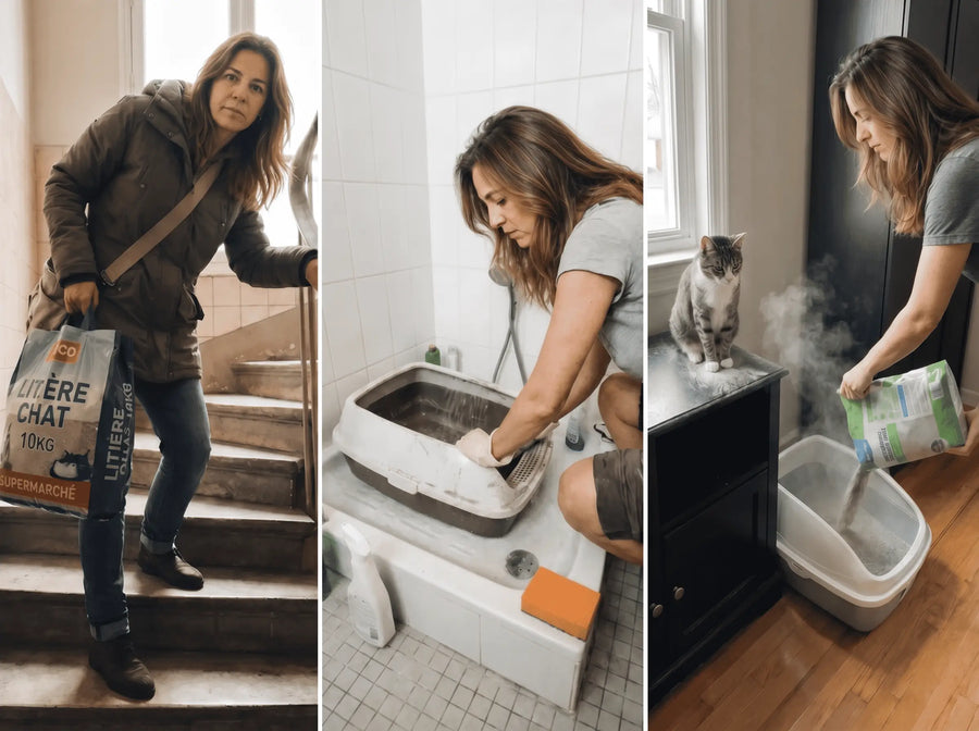 Triptyque de la routine litière agglomérante — porter le sac 10 kg dans les escaliers, gratter le bac sale sous la douche, verser un nouveau sac avec nuage de poussière