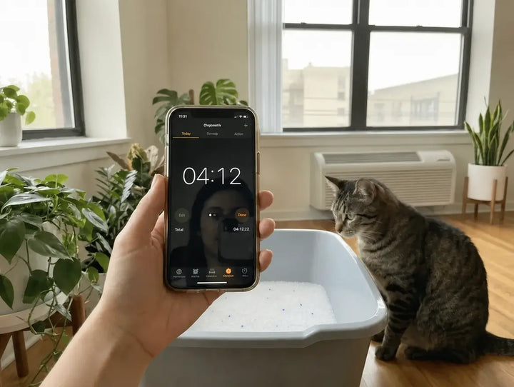 Chronomètre d'iPhone affichant 04:12 tenu au-dessus du bac rempli de cristaux Pacha propres — chat tigré témoin à côté