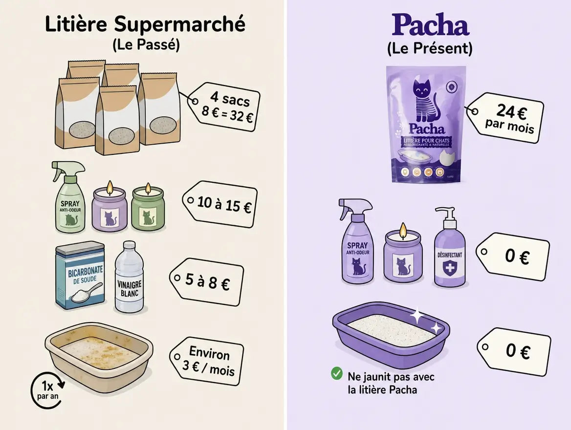 Comparaison du coût mensuel : litière de supermarché et accessoires (sacs, sprays, bicarbonate) face à un seul sac Pacha à 24 € par mois