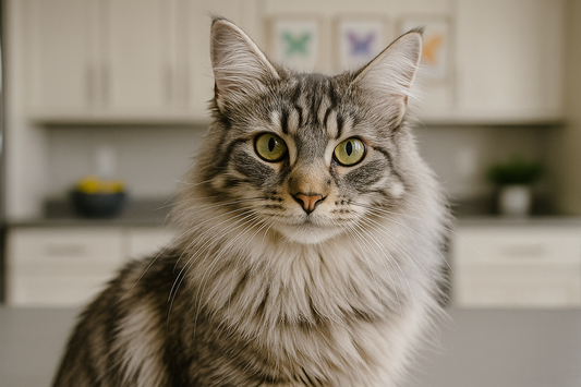 Chat à poils longs tigré assis dans une cuisine décorée de cadres papillons – Litière Pacha