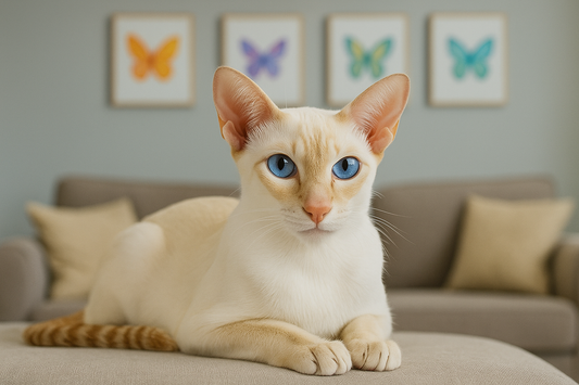 Chat Colorpoint Shorthair allongé dans un salon décoré de cadres papillons – Litière Pacha