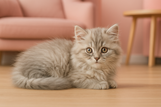 Chaton gris couché dans un salon rose avec canapé et table en bois – Litière Pacha
