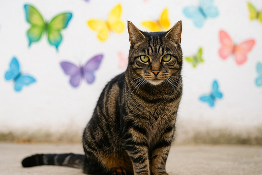 Chat tigré assis devant un mur blanc décoré de papillons colorés – Litière Pacha