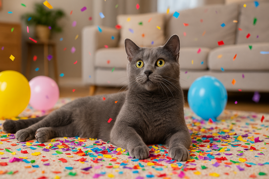Chat gris allongé au milieu de confettis et ballons dans un salon festif – Litière Pacha