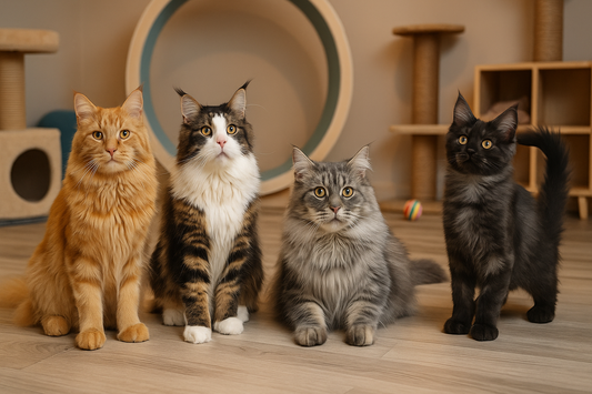 Quatre chats Maine Coon dans une salle de jeux pour chats avec jouets et arbres à chat – Litière Pacha