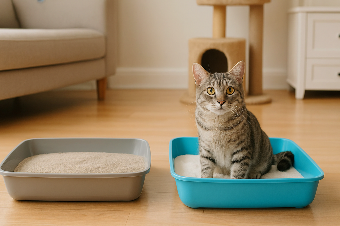 Chat dans un bac à litière bleu à côté d’un autre bac, dans une maison propre avec arbre à chat – Litière Pacha