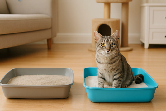Chat dans un bac à litière bleu à côté d’un autre bac, dans une maison propre avec arbre à chat – Litière Pacha