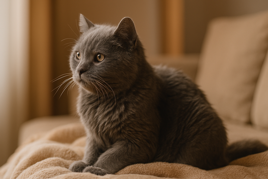 Chat âgé assis sur une couverture douce regardant dans le vide, illustration des signes de démence féline – Litière Pacha