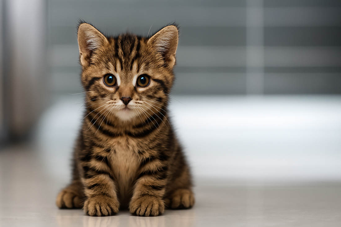 Chaton tabby brun assis sur un sol blanc, regardant la caméra avec curiosité - Litière Pacha
