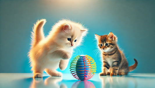 Deux chatons jouant avec un jouet à balle colorée : un chaton crème debout sur ses pattes arrière interagit avec le jouet, tandis qu'un chaton tigré observe attentivement. Fond bleu vibrant et éclairage doux. Litière Pacha.