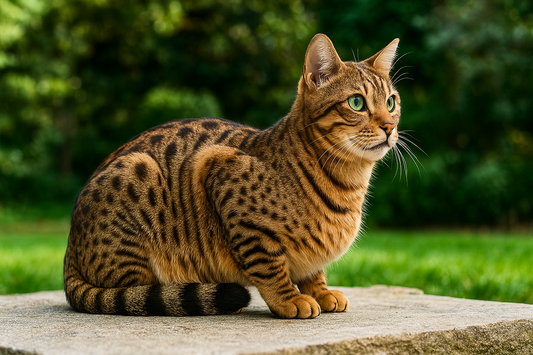 Chat California Spangled assis sur une pierre dans un jardin verdoyant – Litière Pacha