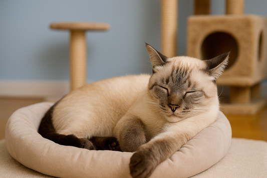 Chat Colorpoint Shorthair dormant paisiblement dans un panier devant un arbre à chat – Litière Pacha