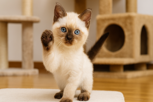 Chaton Colorpoint Shorthair dans une maison avec arbre à chat – Litière Pacha