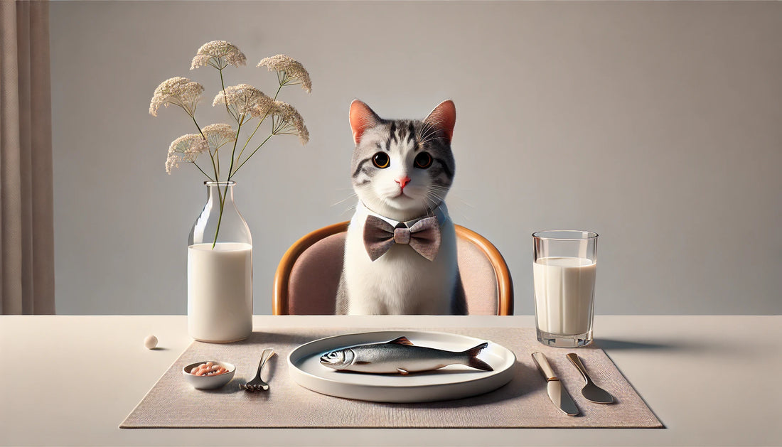  Un chat portant un nœud papillon assis à une table avec un verre de lait et une assiette de poisson, photo professionnelle minimaliste – Litière Pacha.