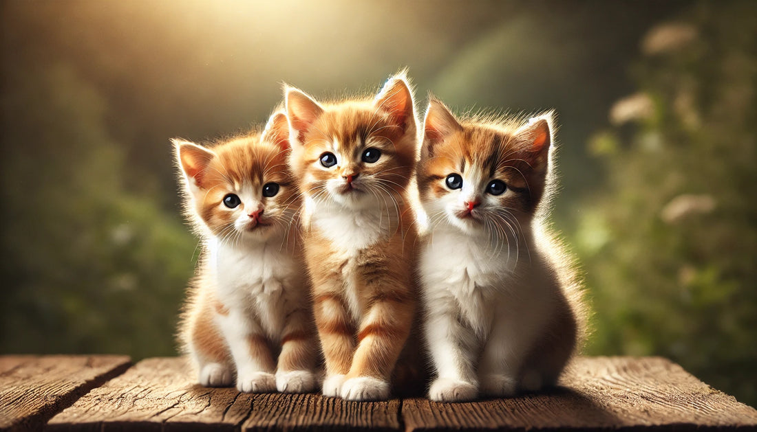 Trois chatons mignons assis ensemble sur une surface en bois dans un environnement naturel - Litière Pacha