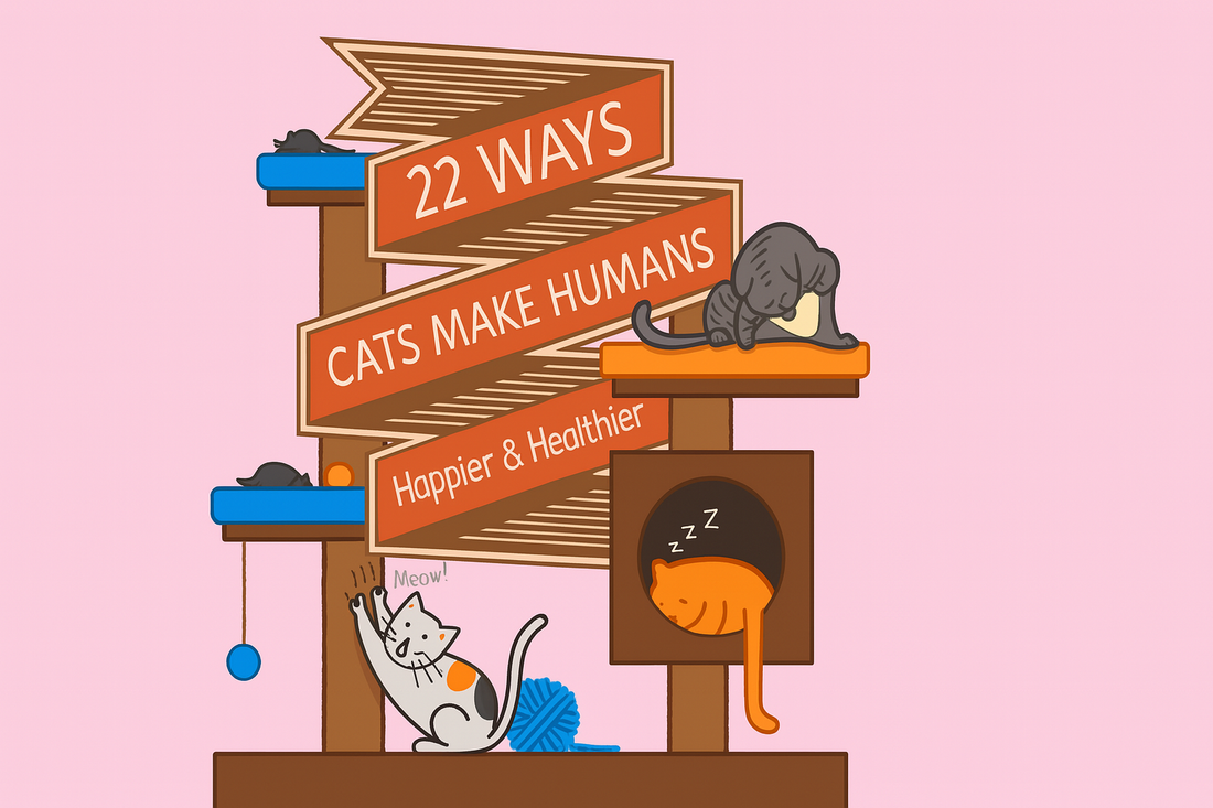 Illustration rose avec arbre à chat et message “22 façons dont les chats rendent les humains plus heureux et en meilleure santé” – Litière Pacha