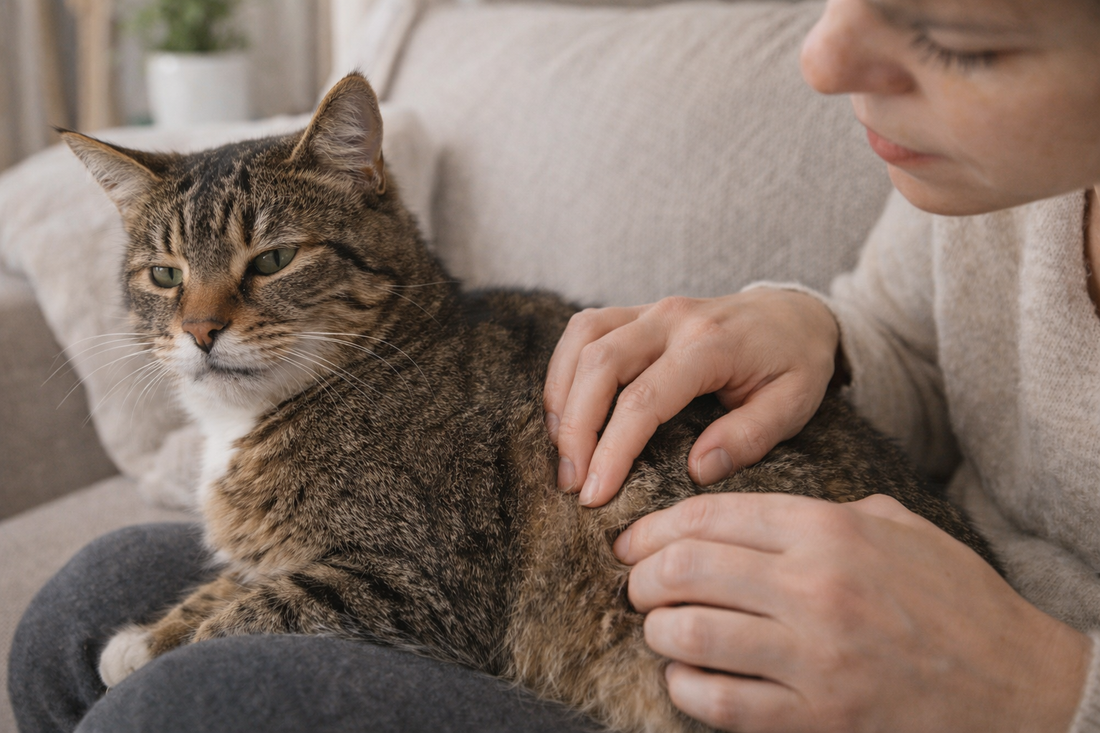 Propriétaire découvrant une boule sous la peau de son chat en le caressant Litière Pacha