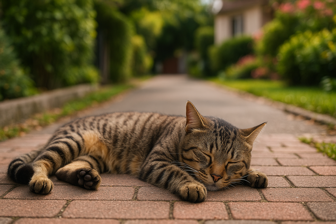 Chat California Spangled allongé dans une rue calme avec jardin à l’arrière – Litière Pacha
