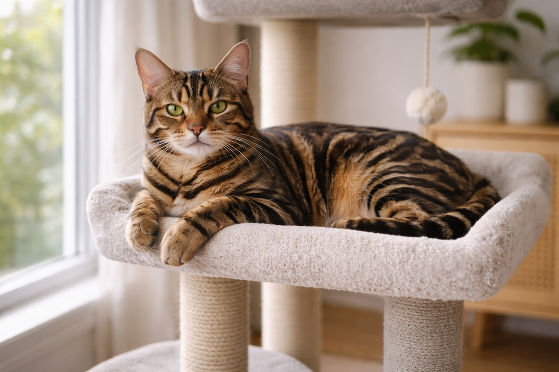 Chat Bengal au pelage marbré se reposant dans un intérieur moderne et propre, symbole de bien-être et de confort avec Litière Pacha.