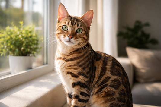 Chat Bengal au pelage marbré brillant et à l’apparence élégante dans un intérieur lumineux – Litière Pacha