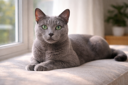 Chat Bleu Russe au pelage gris argenté et aux yeux verts reposant près d’une fenêtre lumineuse – Litière Pacha