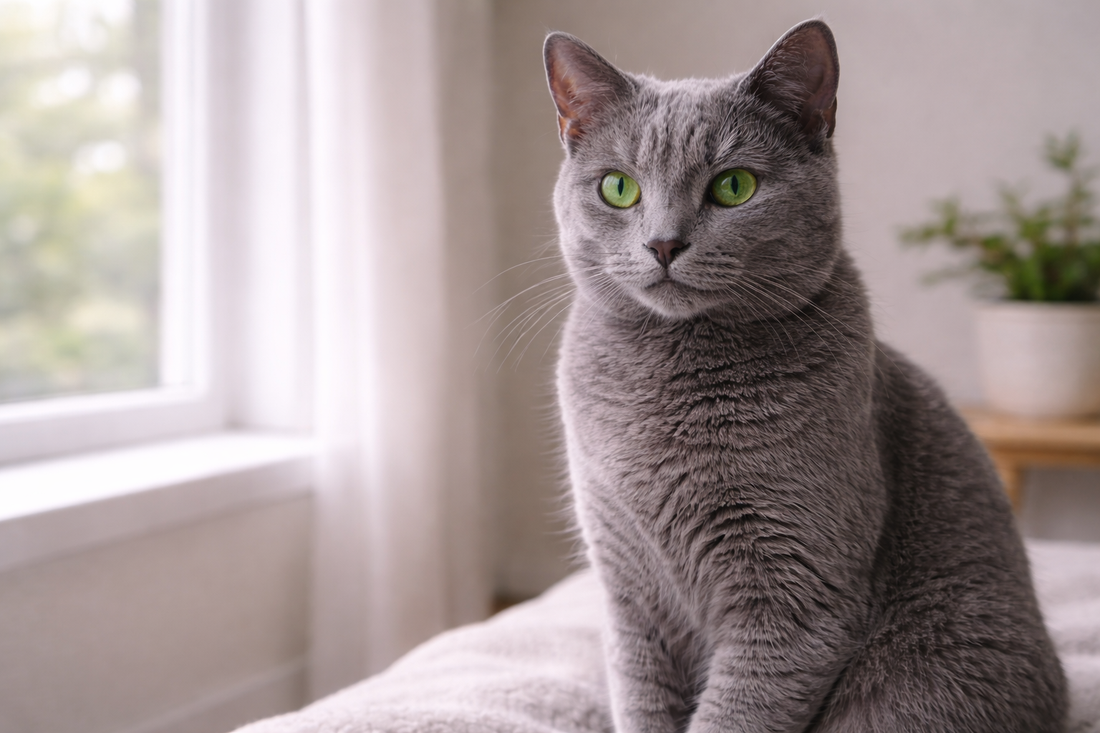 Chat Bleu Russe élégant au pelage gris bleuté et aux yeux verts dans un intérieur calme et lumineux avec Litière Pacha
