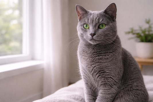 Chat Bleu Russe élégant au pelage gris bleuté et aux yeux verts dans un intérieur calme et lumineux avec Litière Pacha