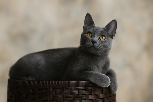 Chat Bleu Russe allongé dans un panier avec fond esthétique clair – Litière Pacha