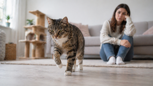 Chat qui boite en marchant dans la maison avec une patte levée Litière Pacha