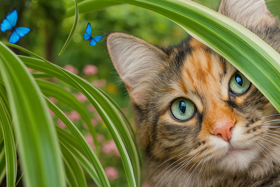 Chat caché derrière une plante dans un jardin avec fleurs et papillons – Litière Pacha