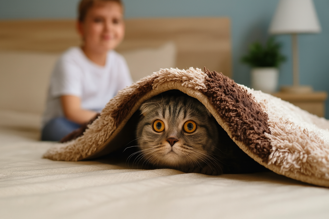 Cat hidden under a blanket in a bedroom with a child in the background – Litter Pacha