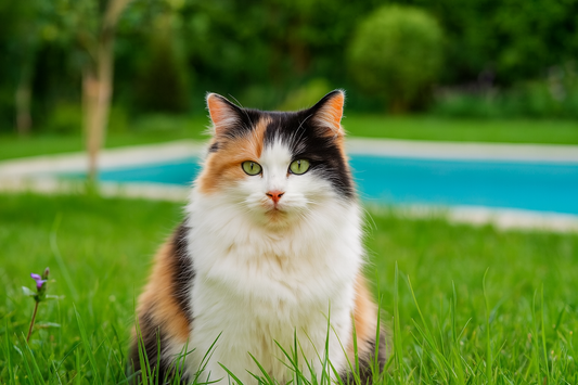 Chat calico assis dans l’herbe près d’une piscine dans un jardin – Litière Pacha