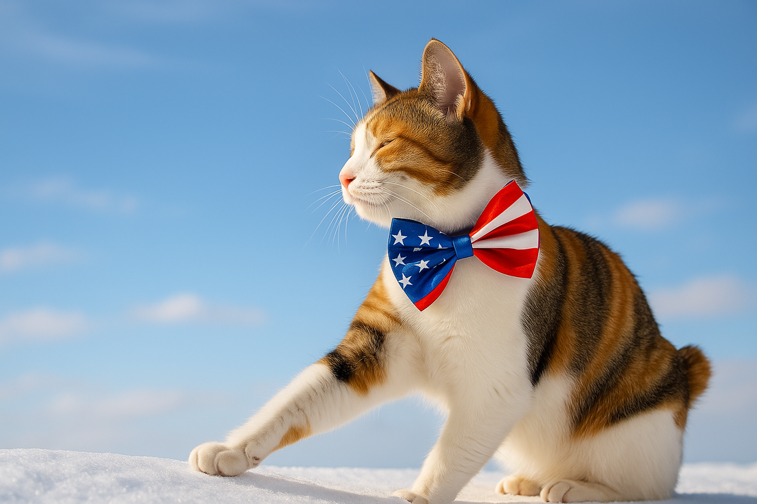  Chat calico avec nœud papillon drapeau américain posé sur la neige sous un ciel bleu — originalité et fierté féline avec Litière Pacha