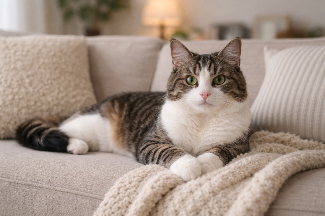 Chat croisé détendu dans une maison lumineuse, symbole de bien-être et d’équilibre au quotidien avec Litière Pacha