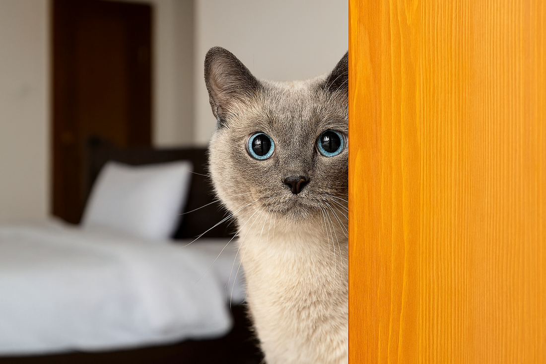 Chat aux yeux bleus curieux derrière une porte dans une chambre – Litière Pacha