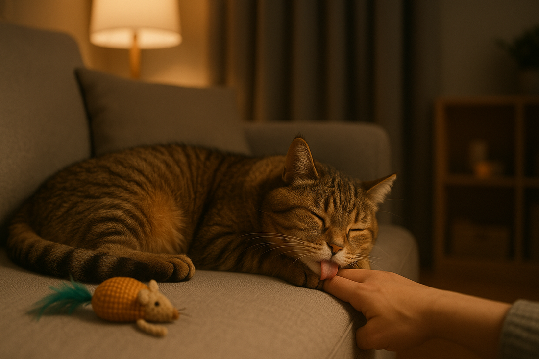 Chat dormant paisiblement la nuit dans un environnement calme grâce à une routine apaisante et une Litière Pacha propre