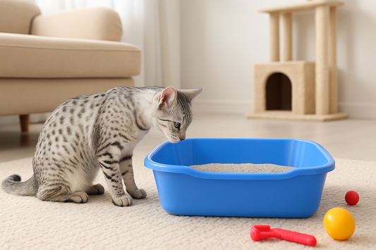 Chaton Egyptian Mau aux yeux bleus assis dans un salon au décor égyptien moderne — douceur et élégance avec Litière Pacha