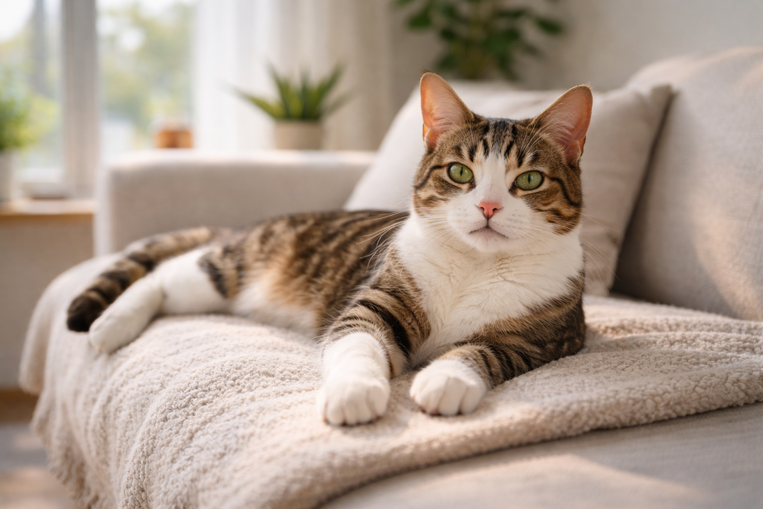 Chat de gouttière détendu dans un intérieur lumineux et sain, symbole de bien-être quotidien avec Litière Pacha
