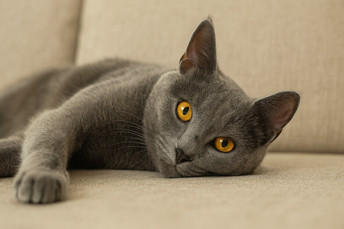 Chat gris allongé sur un canapé beige avec yeux dorés – Litière Pacha