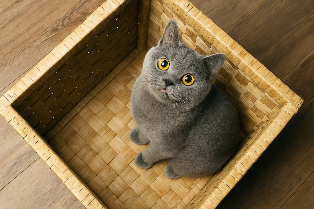 Chat gris dans un panier en osier regardant vers le haut dans une maison – Litière Pacha