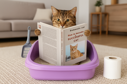 Chat tabby dans une litière violette lisant un livre humoristique dans un salon moderne — moment drôle et décalé avec Litière Pacha
